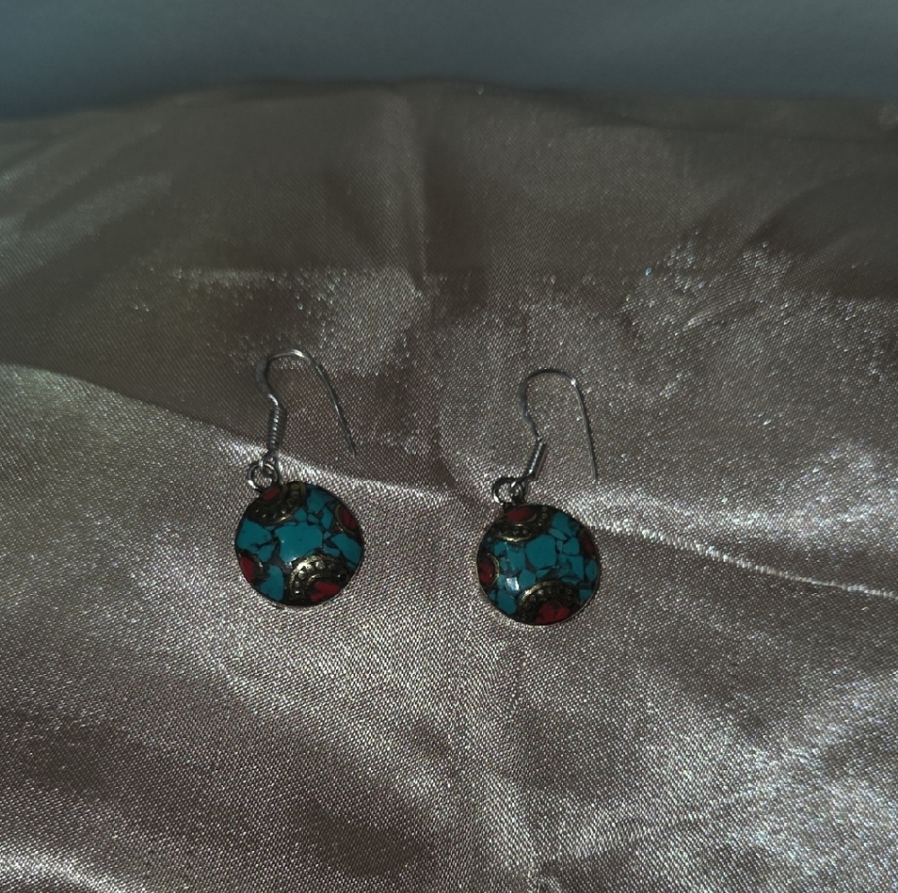 Turquoise and Red Dangle Earrings